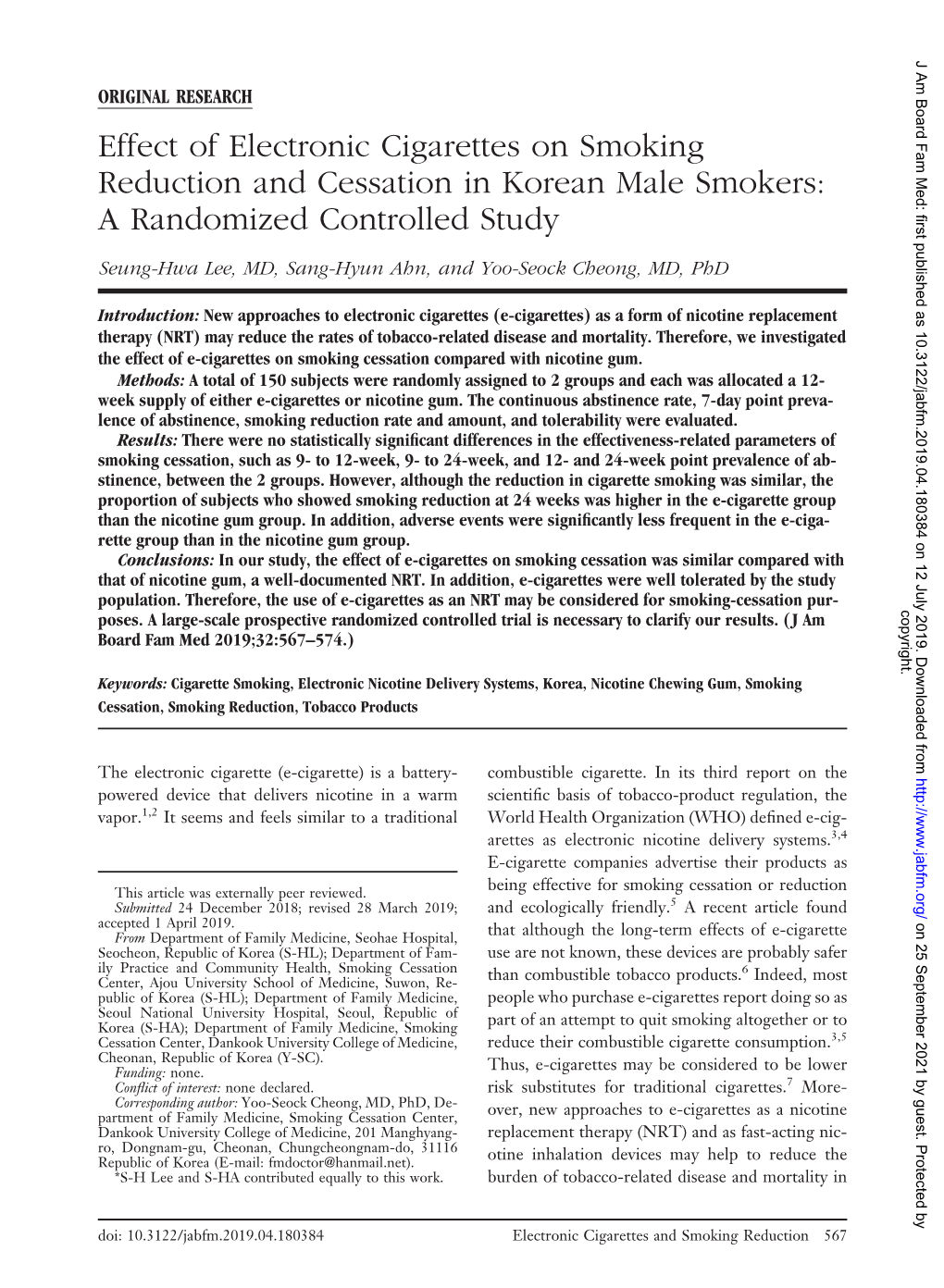 Effect of Electronic Cigarettes on Smoking Reduction and Cessation in Korean Male Smokers: a Randomized Controlled Study