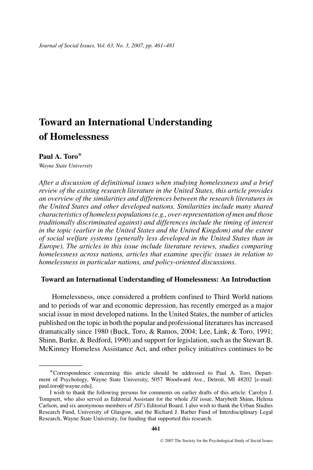 Toward an International Understanding of Homelessness ∗ Paul A