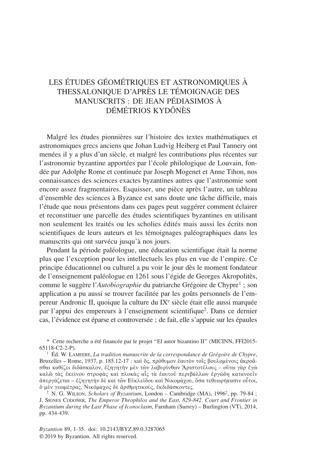 Les Études Géométriques Et Astronomiques À Thessalonique D’Après Le Témoignage Des Manuscrits : De Jean Pédiasimos À Démétrios Kydônès