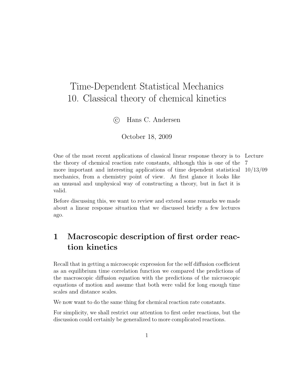 Time-Dependent Statistical Mechanics 10. Classical Theory of Chemical Kinetics