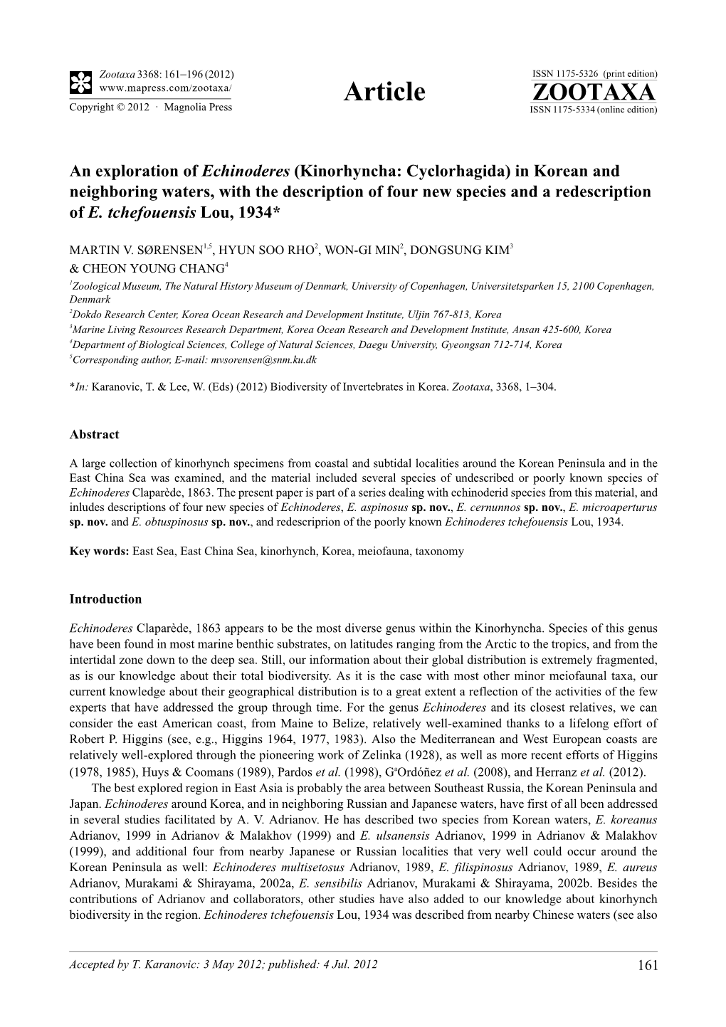 An Exploration of Echinoderes (Kinorhyncha: Cyclorhagida) in Korean and Neighboring Waters, with the Description of Four New Species and a Redescription of E