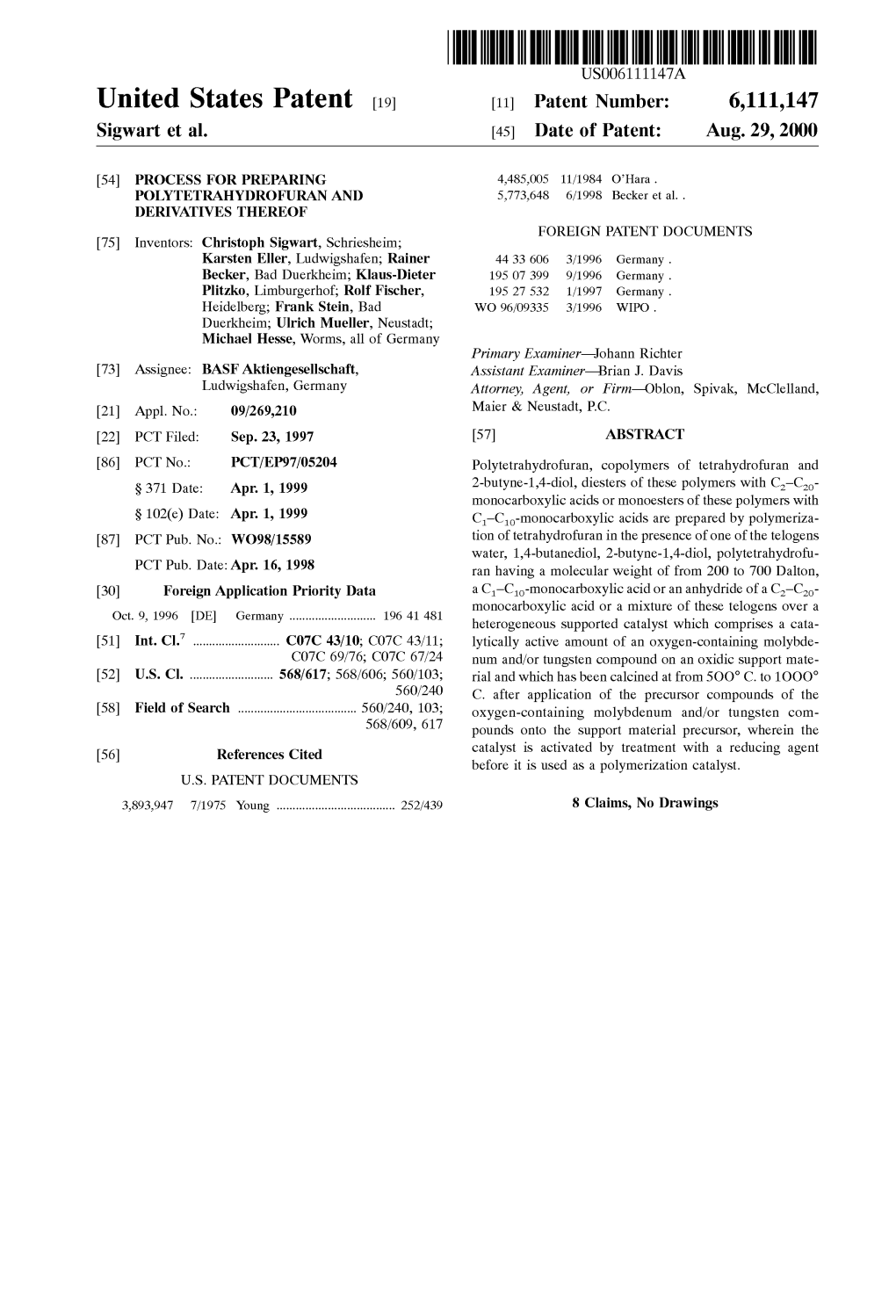 United States Patent (19) 11 Patent Number: 6,111,147 Sigwart Et Al