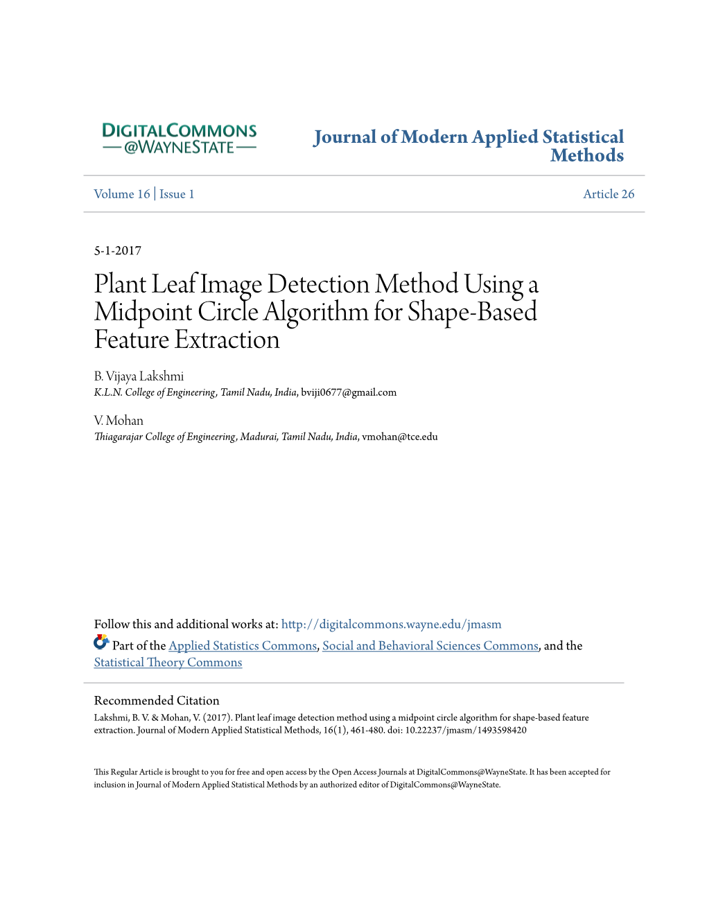 Plant Leaf Image Detection Method Using a Midpoint Circle Algorithm for Shape-Based Feature Extraction B