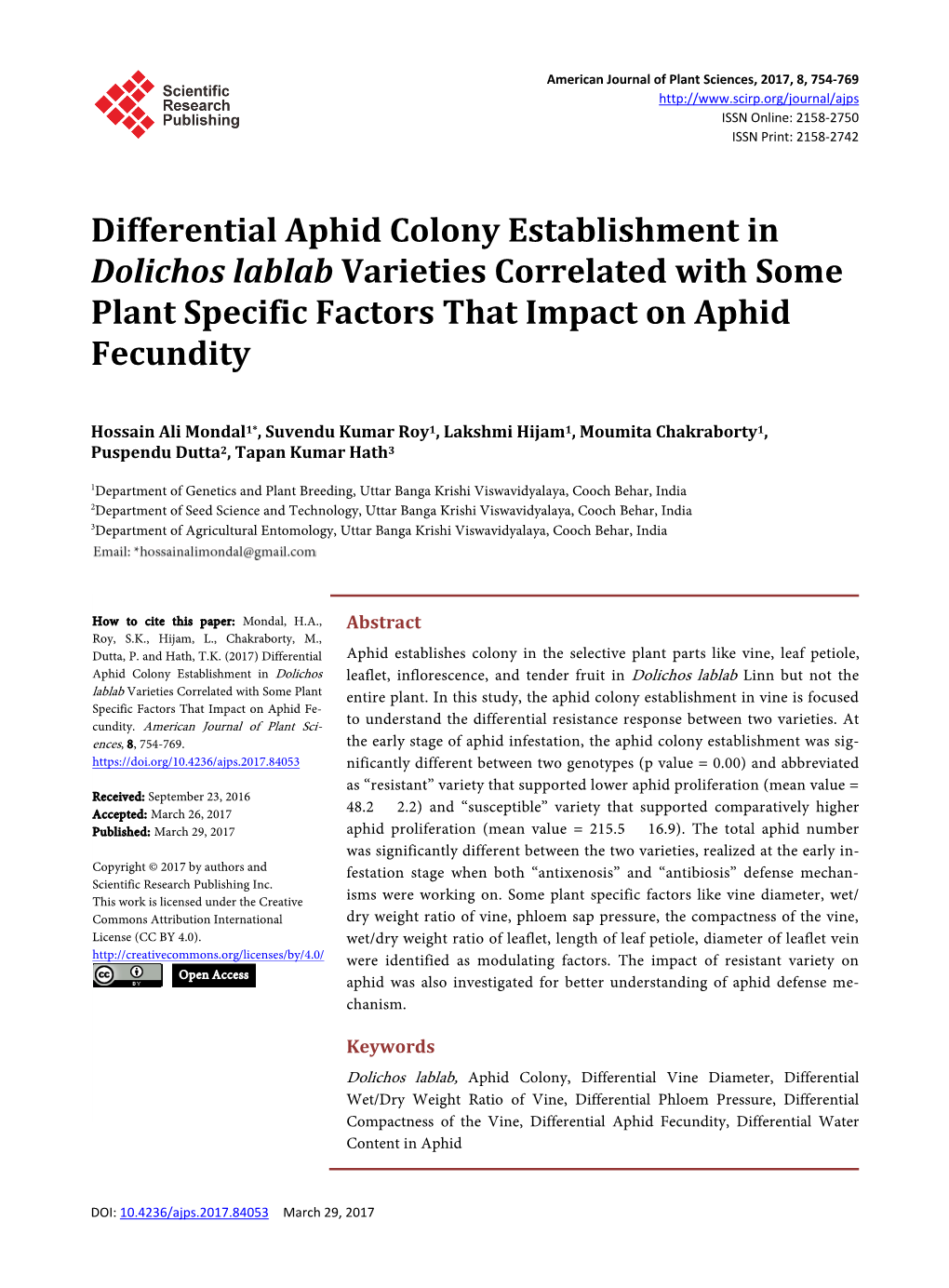 Differential Aphid Colony Establishment in Dolichos Lablab Varieties Correlated with Some Plant Specific Factors That Impact on Aphid Fecundity