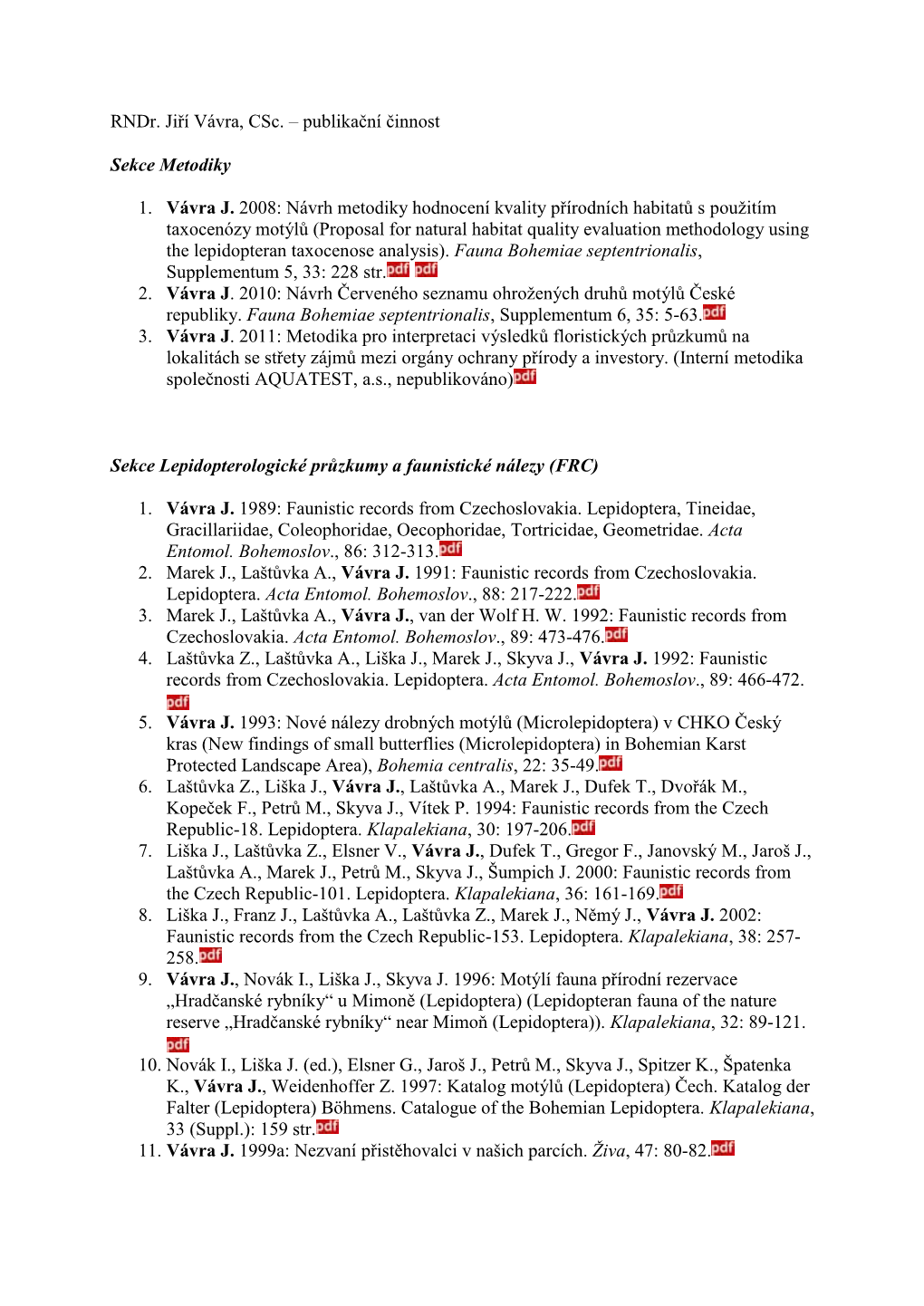 Rndr. Jiří Vávra, Csc. – Publikační Činnost Sekce Metodiky 1. Vávra J. 2008