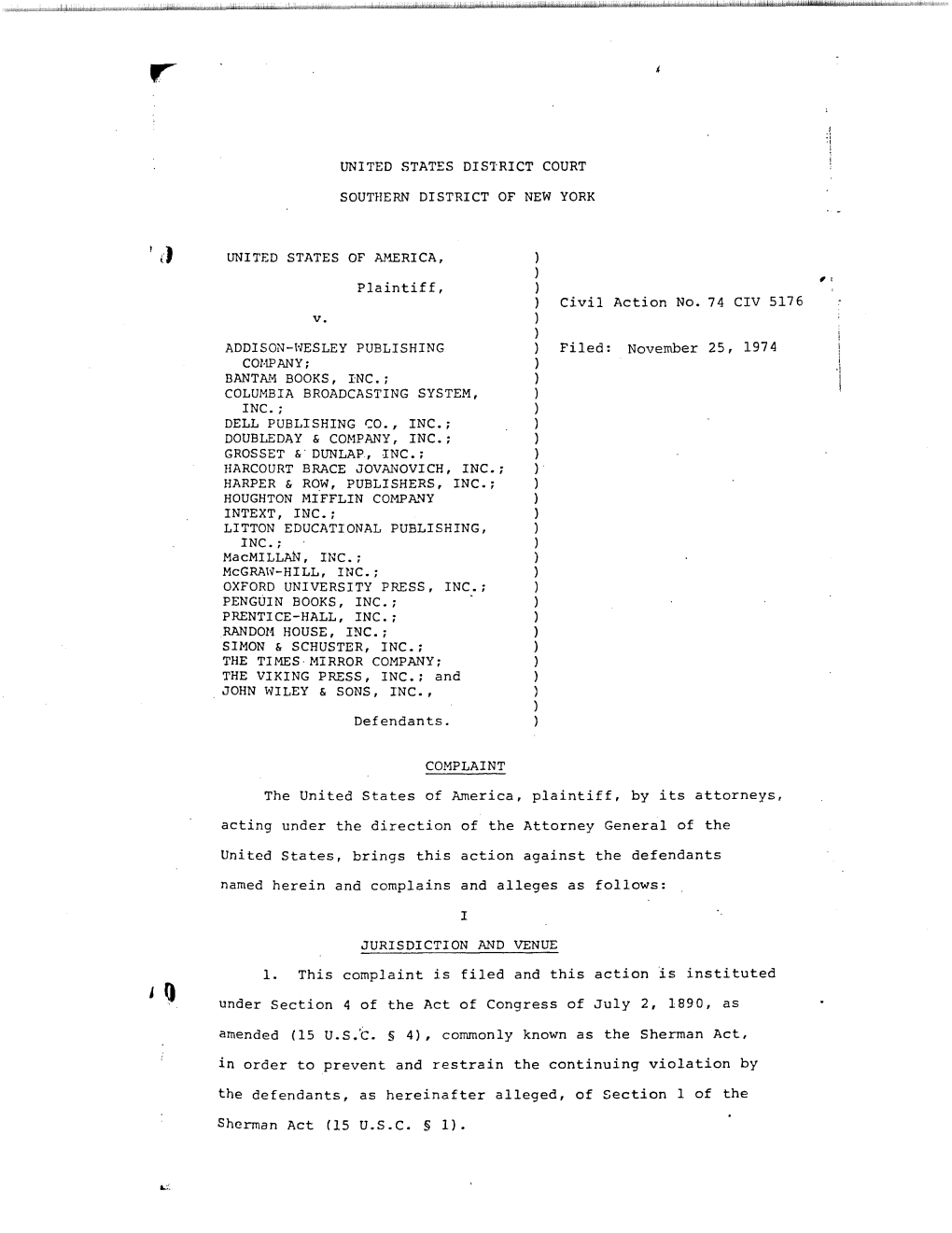 Complaint: U.S. V. Addison-Wesley Publishing Company, Et