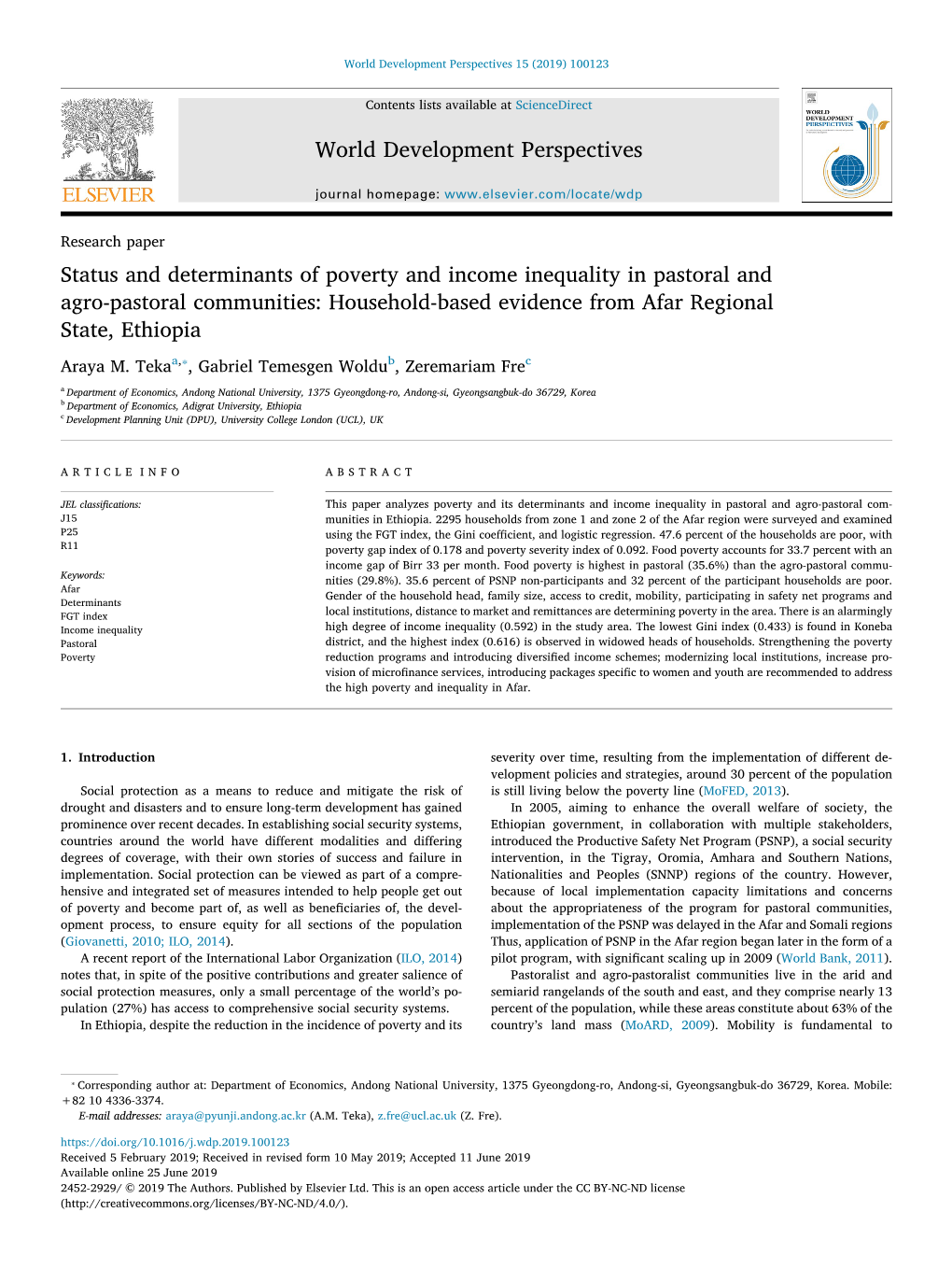 Status and Determinants of Poverty and Income Inequality in Pastoral and Agro-Pastoral Communities Household-Based Evidence
