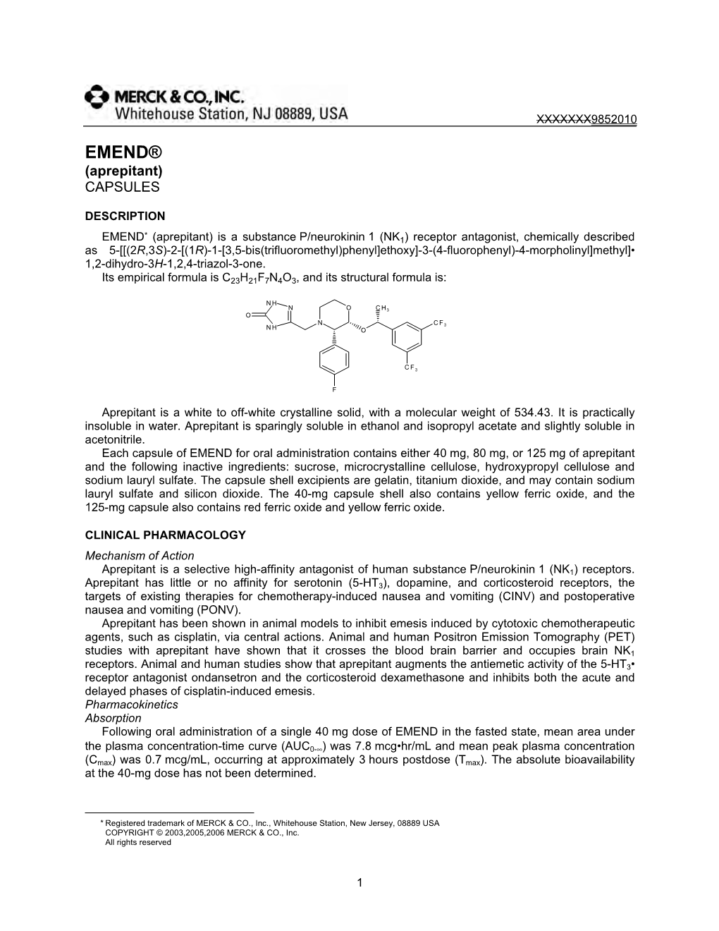 EMEND® (Aprepitant) CAPSULES