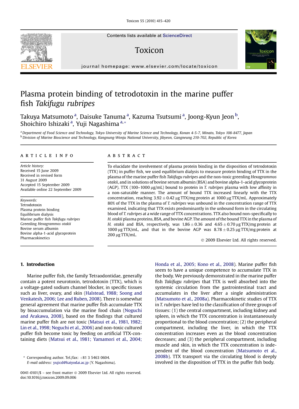 Plasma Protein Binding of Tetrodotoxin in the Marine Puffer Fish Takifugu