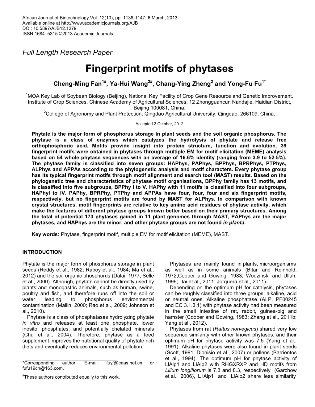 Fingerprint Motifs of Phytases