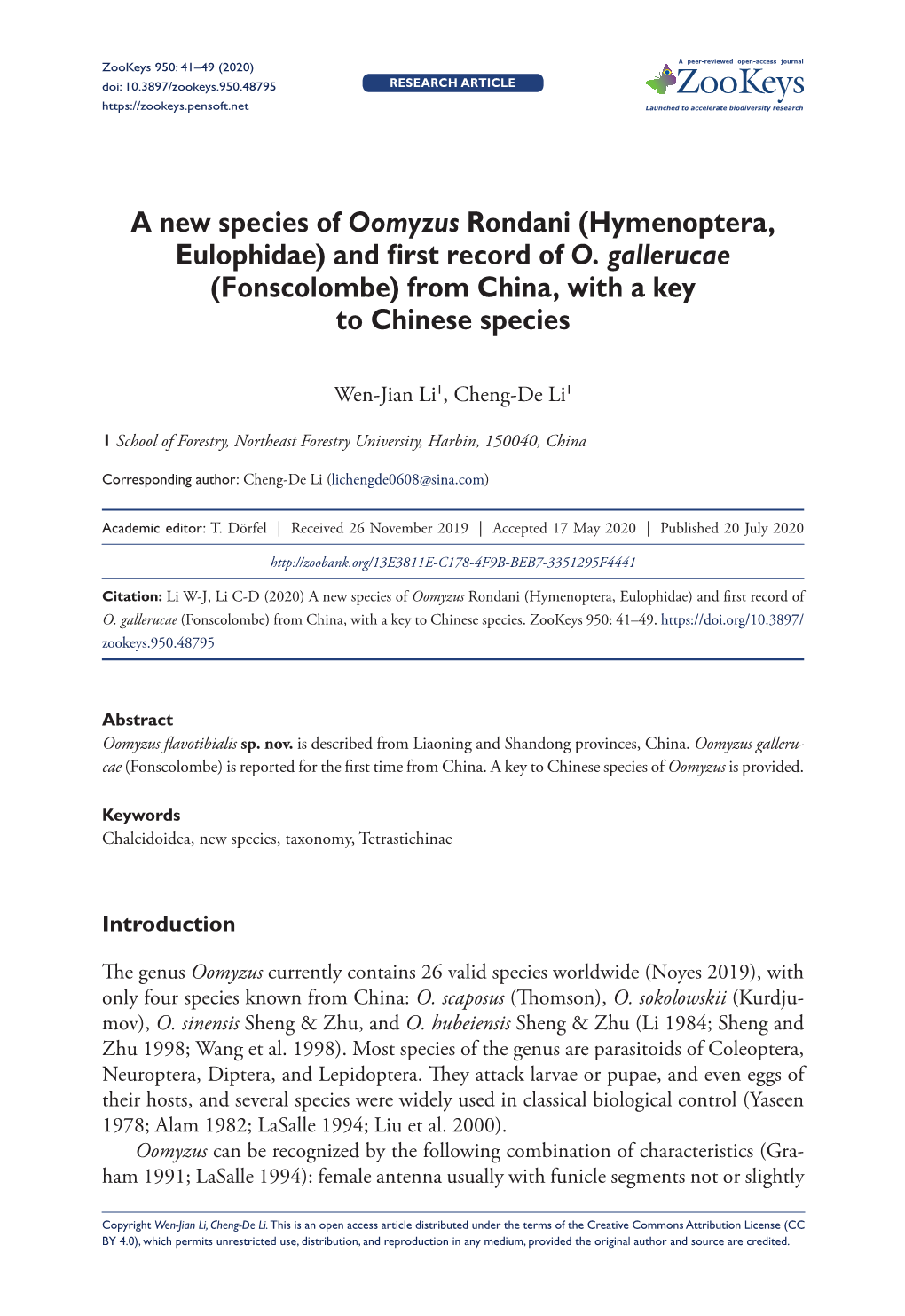 A New Species of Oomyzus Rondani (Hymenoptera, Eulophidae) and First Record of O