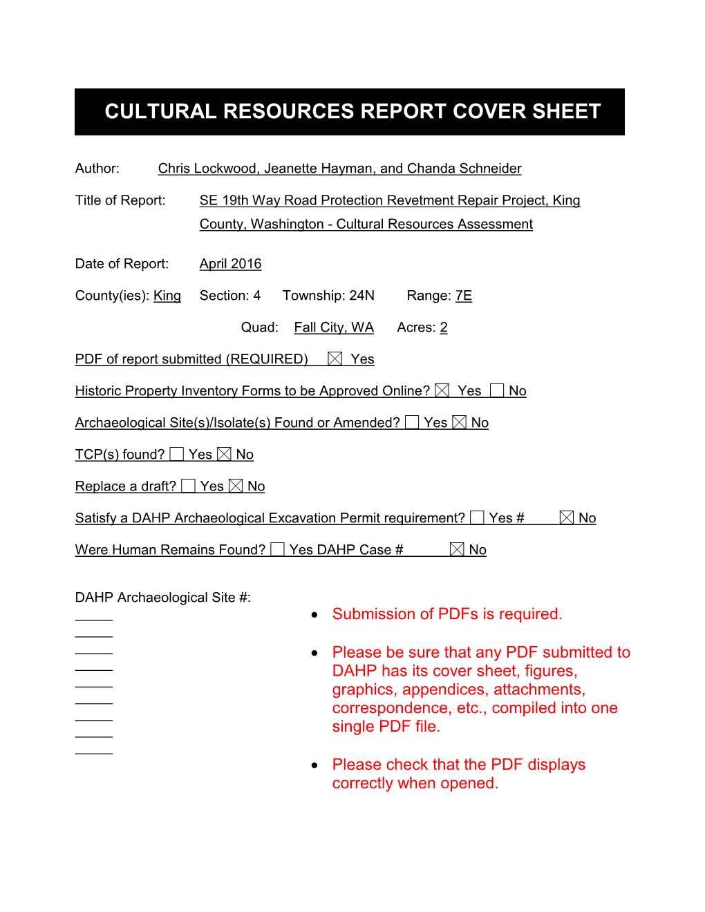 Cultural Resources Report Cover Sheet