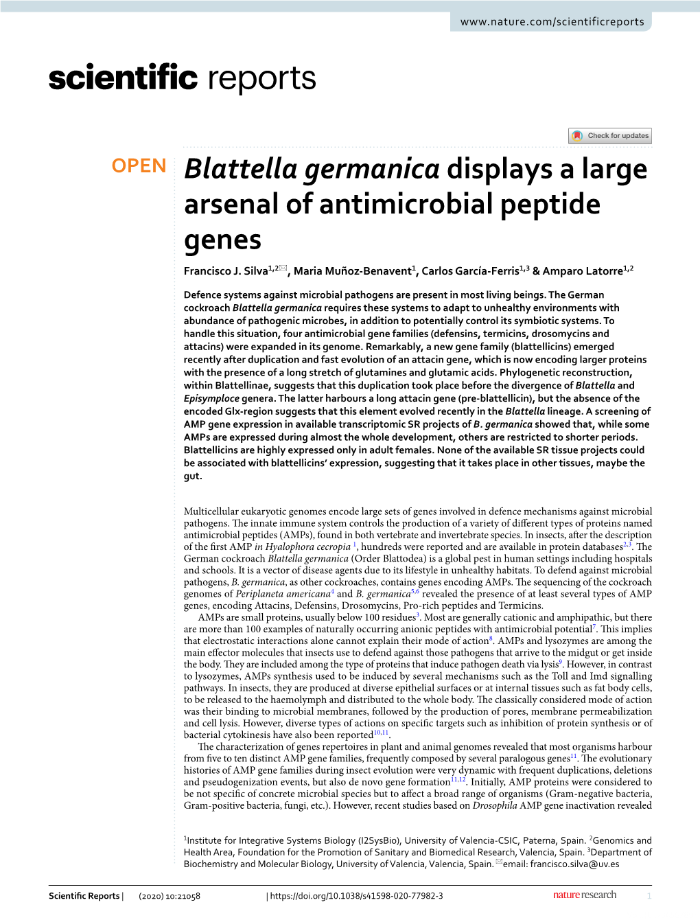 Blattella Germanica Displays a Large Arsenal of Antimicrobial Peptide Genes Francisco J