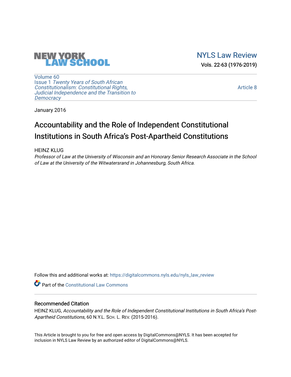 Accountability and the Role of Independent Constitutional Institutions in South Africa’S Post-Apartheid Constitutions