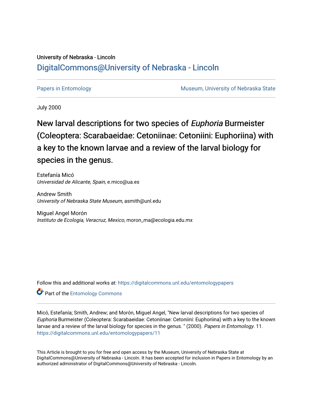 New Larval Descriptions for Two Species of &lt;I&gt;Euphoria&lt;/I&gt; Burmeister