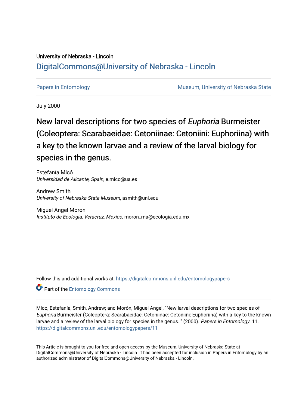 New Larval Descriptions for Two Species of <I>Euphoria</I> Burmeister