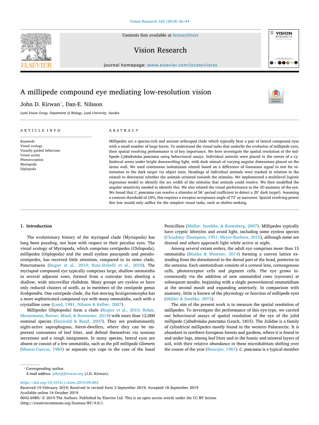 A Millipede Compound Eye Mediating Low-Resolution Vision T ⁎ John D