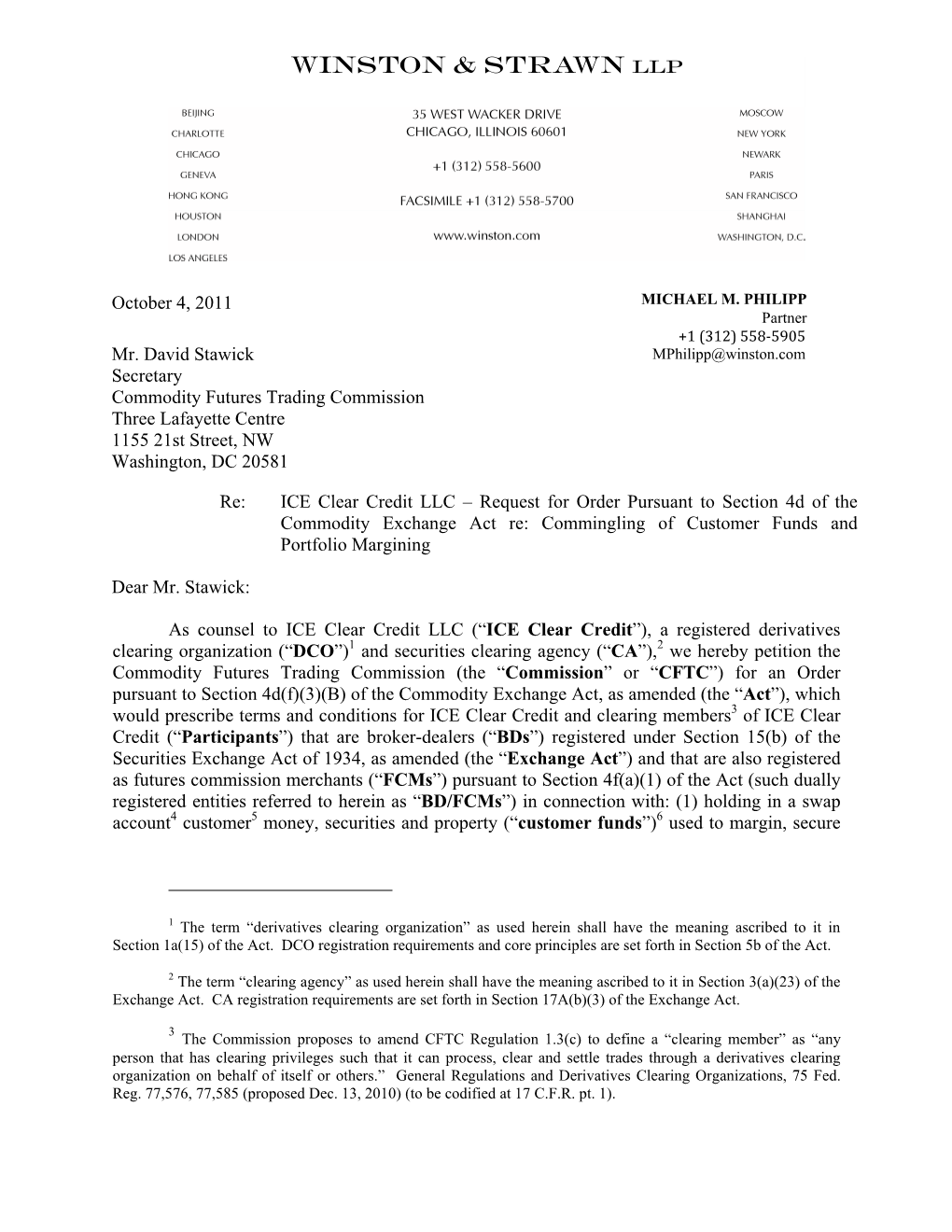 ICE Clear Credit LLC – Request for Order Pursuant to Section 4D of the Commodity Exchange Act Re: Commingling of Customer Funds and Portfolio Margining