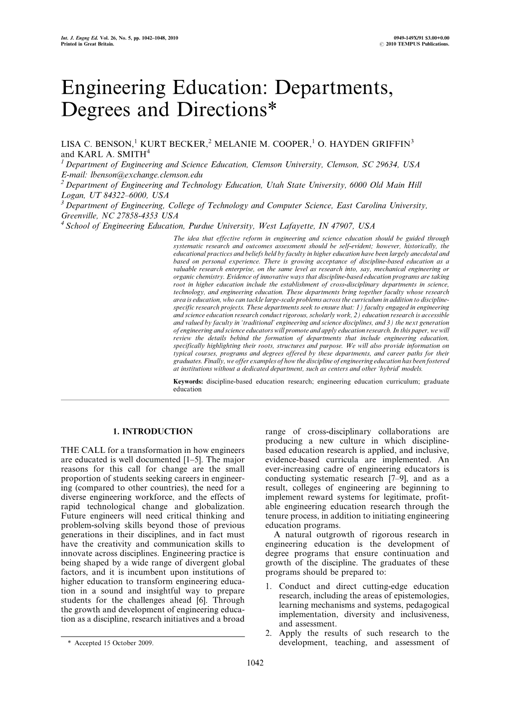 Engineering Education: Departments, Degrees and Directions*