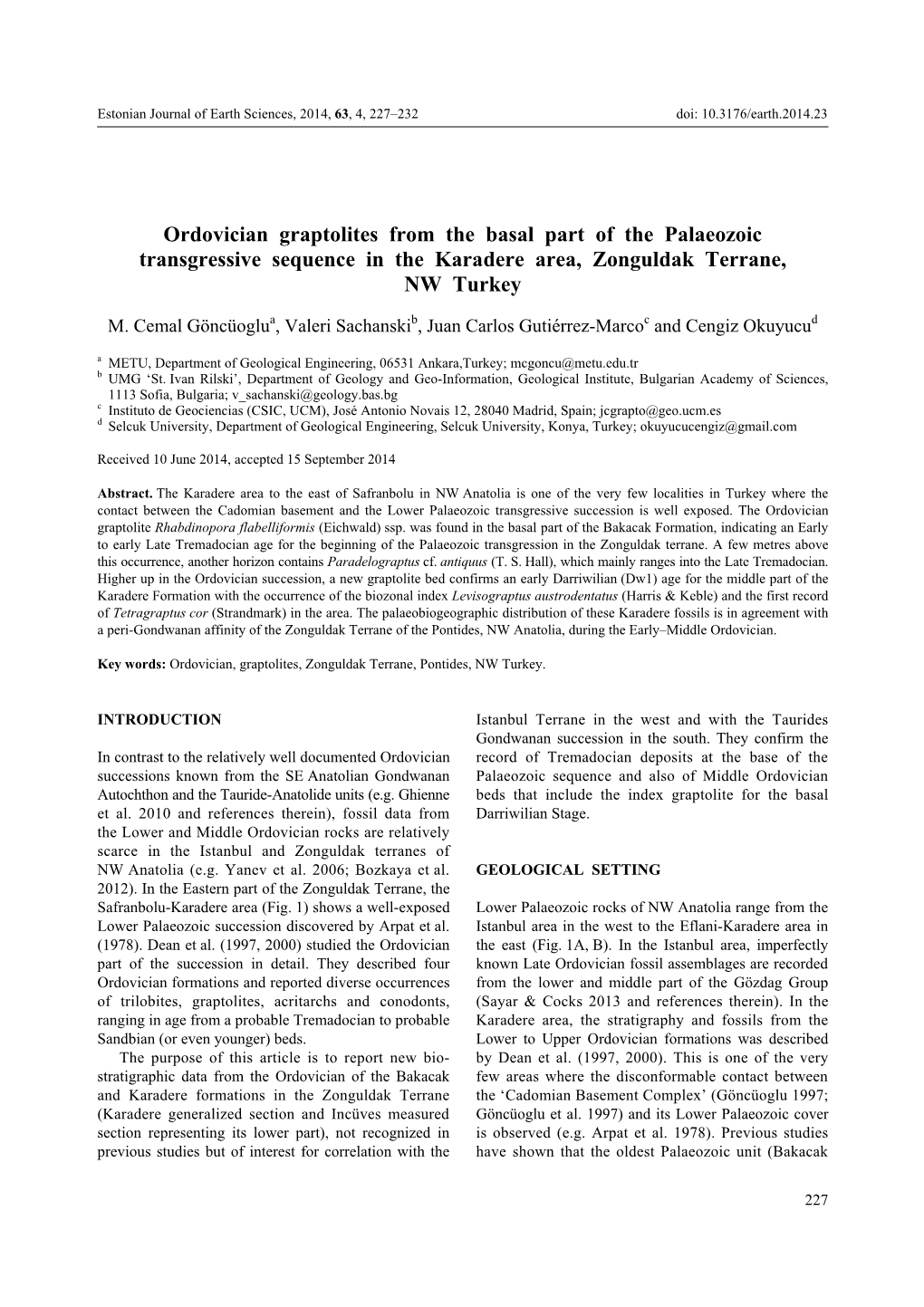 Ordovician Graptolites from the Basal Part of the Palaeozoic Transgressive Sequence in the Karadere Area, Zonguldak Terrane, NW Turkey