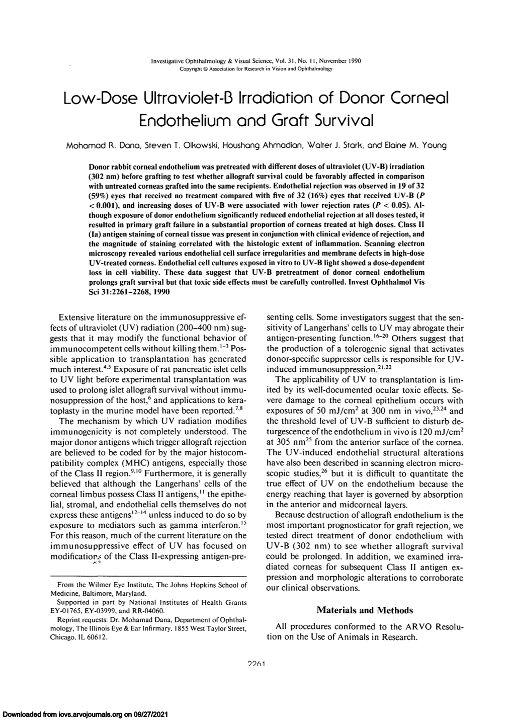 Low-Dose Ulfroviolet-B Irrodiofion of Donor Corneal Endothelium Ond Graff Survival