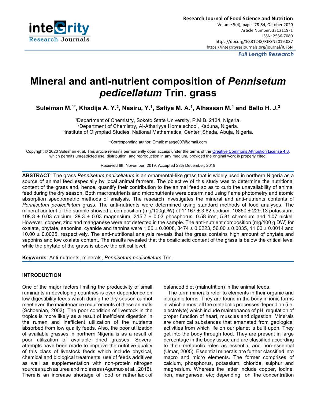 Mineral and Anti-Nutrient Composition of Pennisetum Pedicellatum Trin. Grass