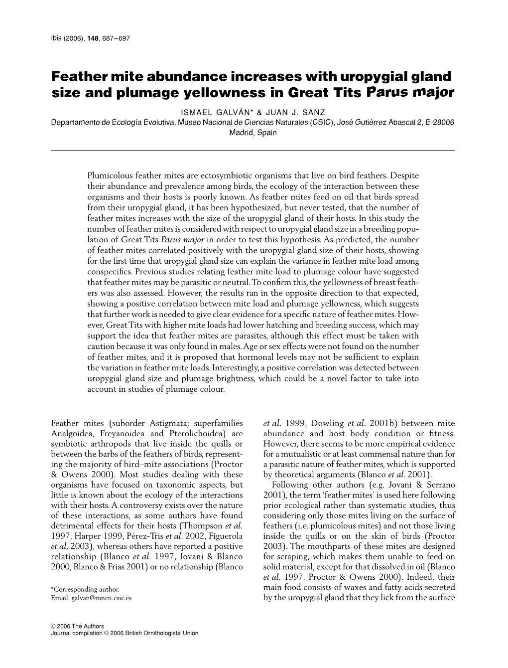 Feather Mite Abundance Increases with Uropygial