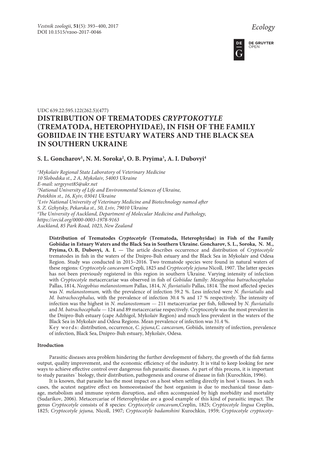 Trematoda, Heterophyidae), in Fish of the Family Gobiidae in the Estuary Waters and the Black Sea in Southern Ukraine