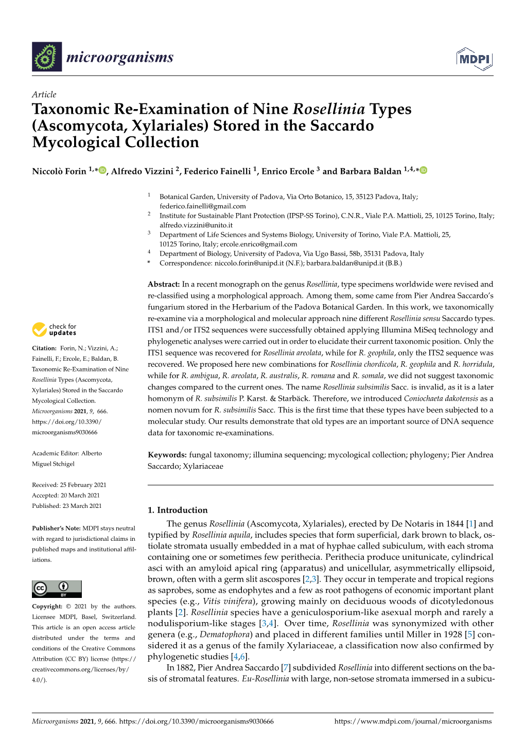 Taxonomic Re-Examination of Nine Rosellinia Types (Ascomycota, Xylariales) Stored in the Saccardo Mycological Collection