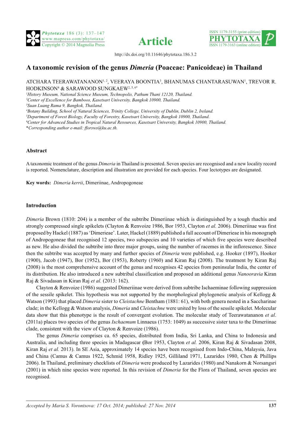 A Taxonomic Revision of the Genus Dimeria (Poaceae: Panicoideae) in Thailand