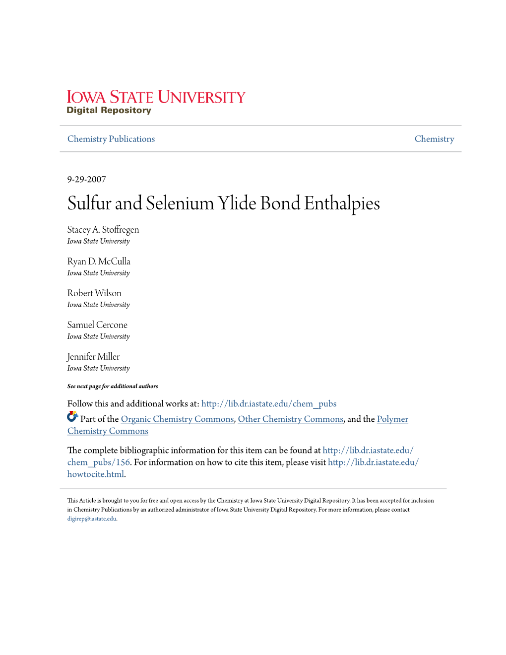 Sulfur and Selenium Ylide Bond Enthalpies Stacey A