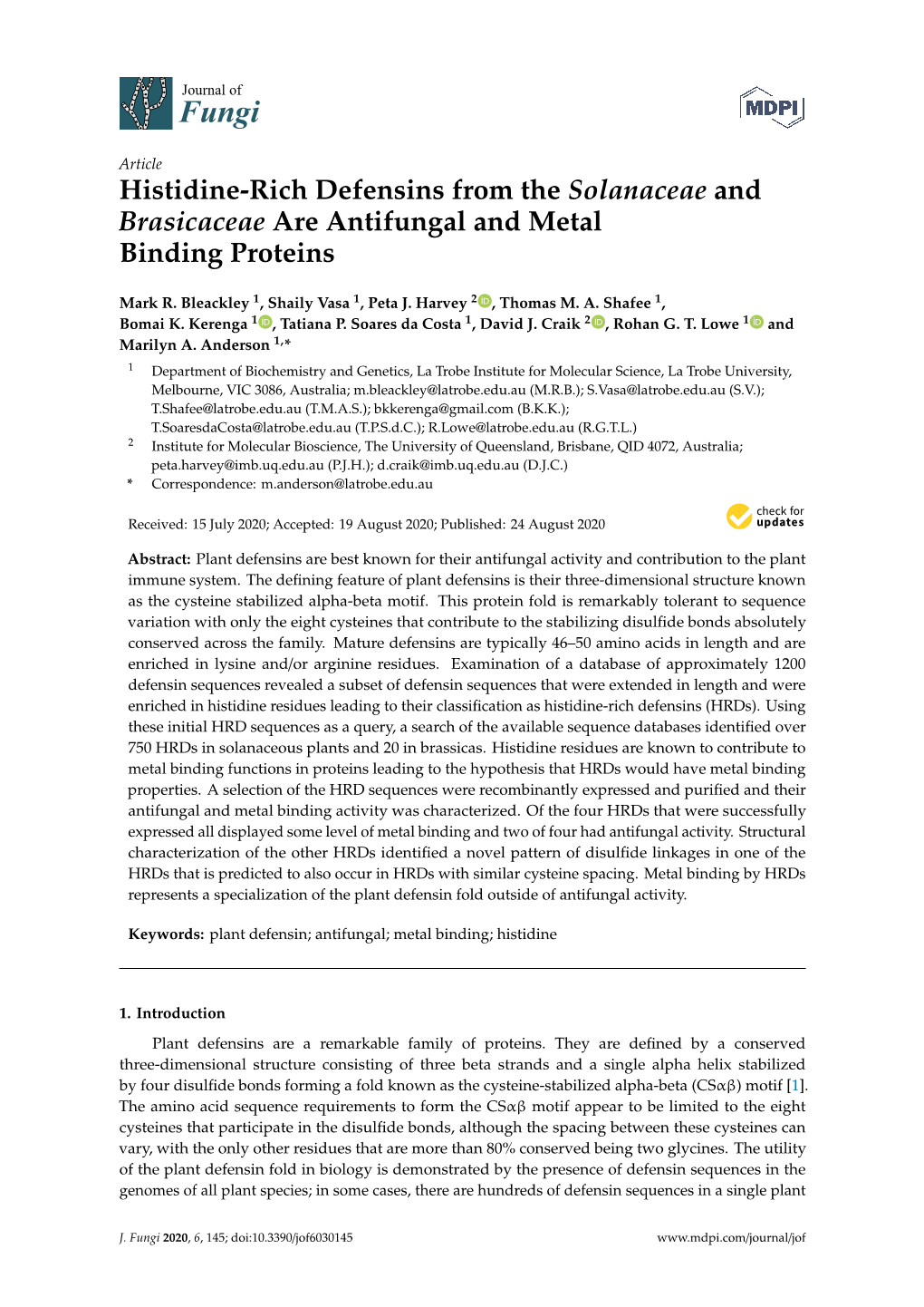 Histidine-Rich Defensins from the Solanaceae and Brasicaceae Are Antifungal and Metal Binding Proteins