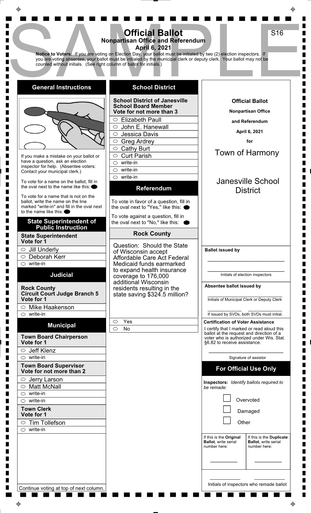 Sample Ballots for April 6 2021 Spring Election Janesville Schools