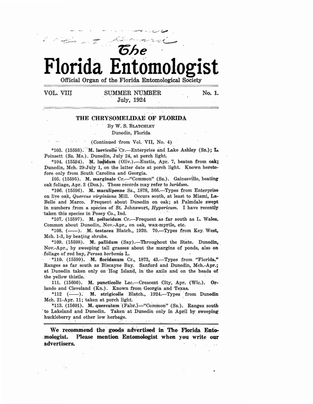 Florida Entomologist Official Organ of the Florida Entomological S.Ociety