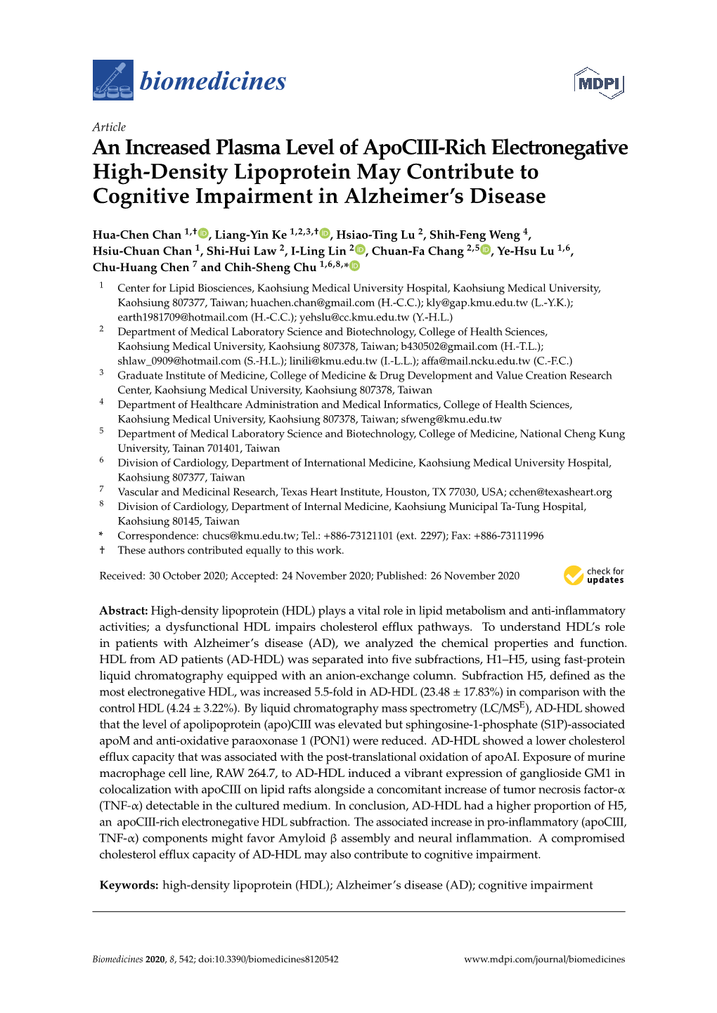 An Increased Plasma Level of Apociii-Rich Electronegative High-Density Lipoprotein May Contribute to Cognitive Impairment in Alzheimer’S Disease