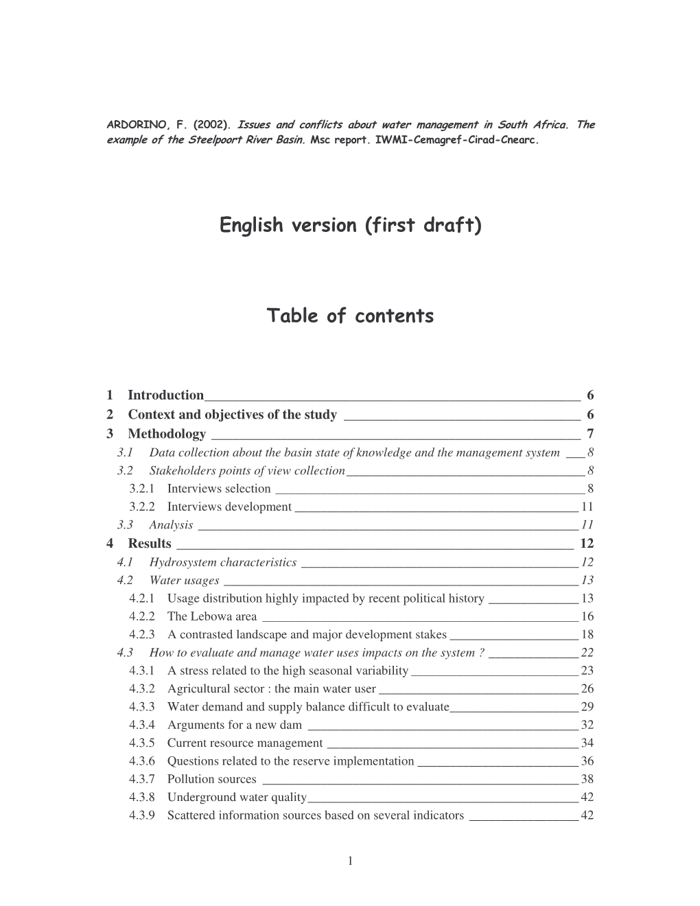 English Version (First Draft) Table of Contents