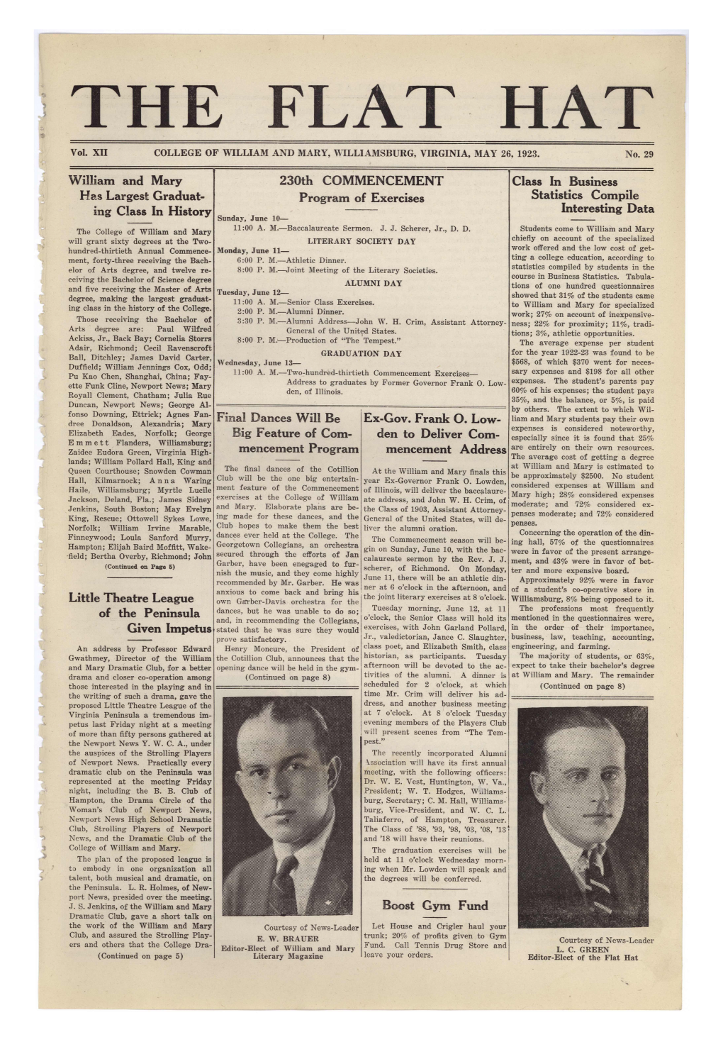William and Mary Has Largest Graduat¬ Ing Class in History Little Theatre League of the Peninsula Given Impetus 230Th COMMENC