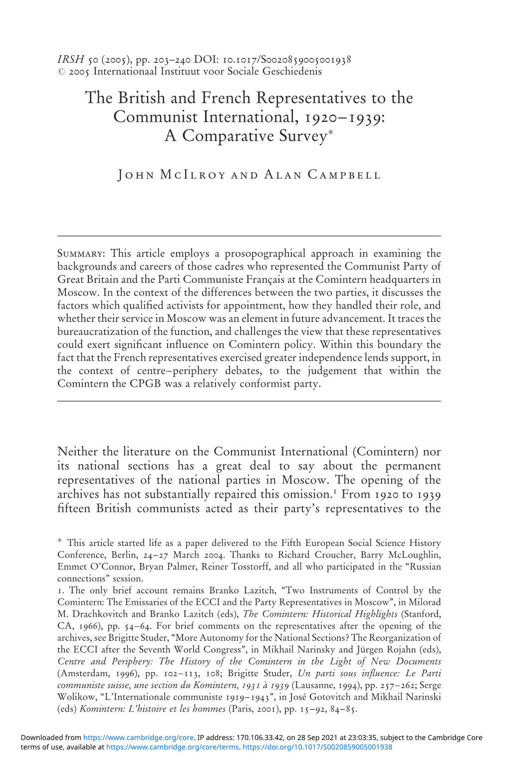 The British and French Representatives to the Communist International, 1920–1939: a Comparative Surveyã