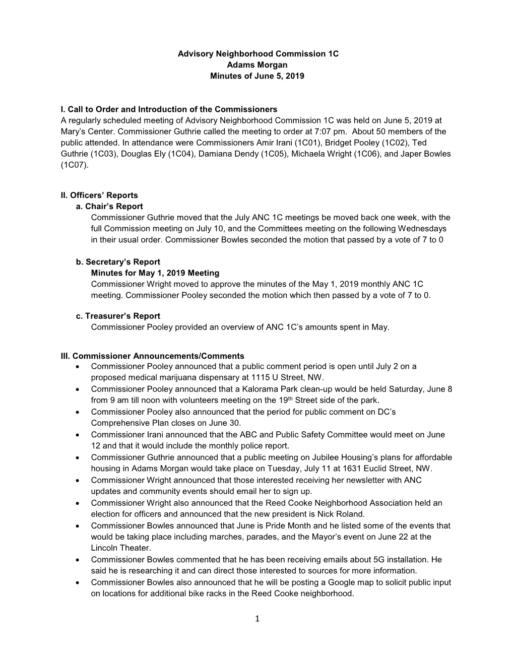 Advisory Neighborhood Commission 1C Adams Morgan Minutes of June 5, 2019