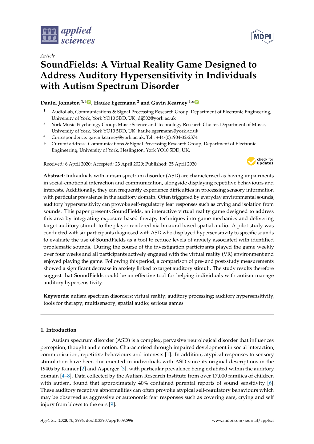 Soundfields: a Virtual Reality Game Designed to Address Auditory Hypersensitivity in Individuals with Autism Spectrum Disorder