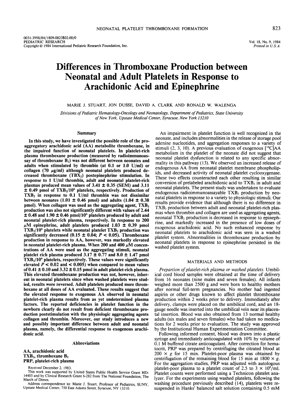 Differences in Thromboxane Production Between Neonatal and Adult Platelets in Response to Arachidonic Acid and Epinephrine