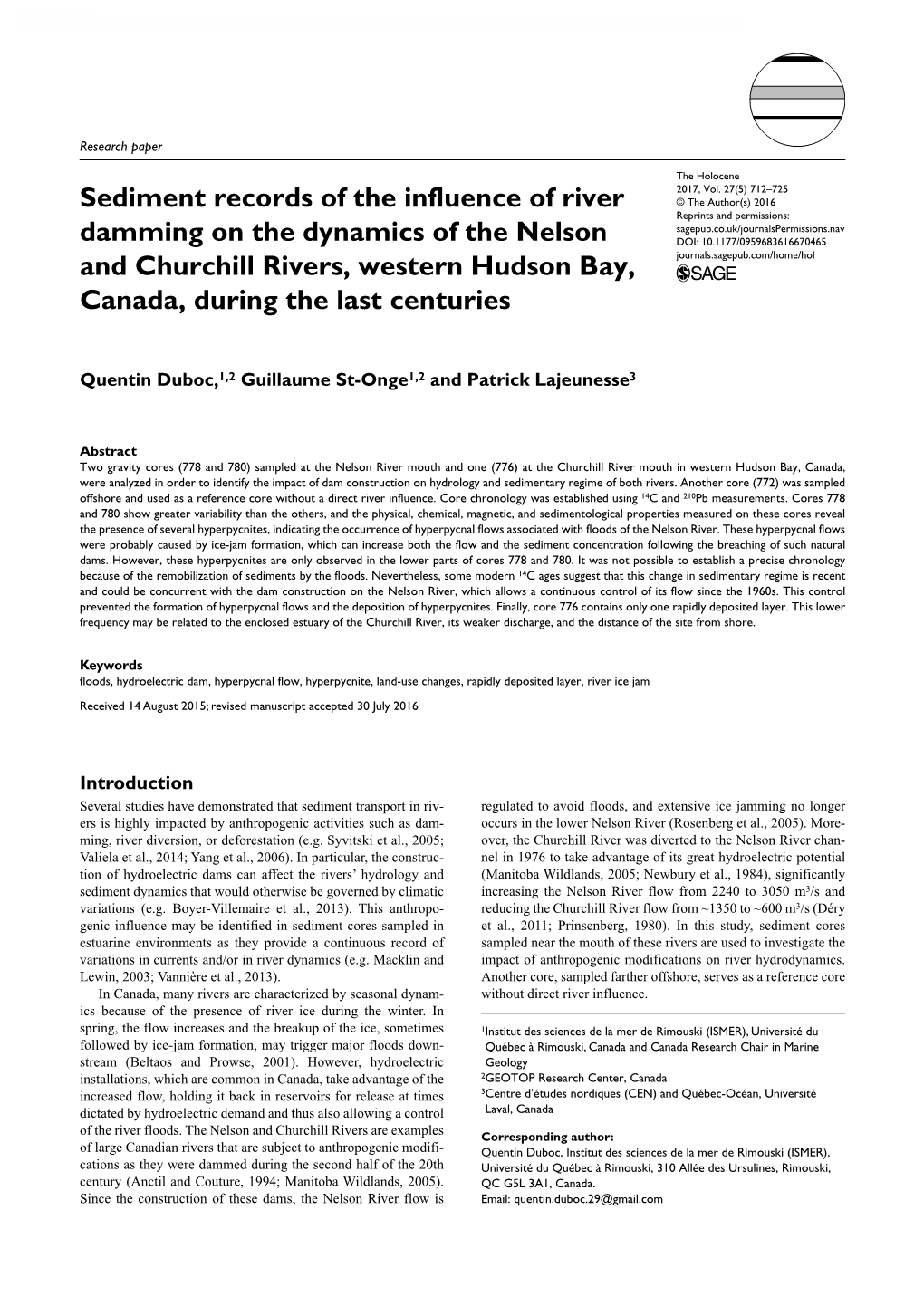 Sediment Records of the Influence of River Damming on the Dynamics Of