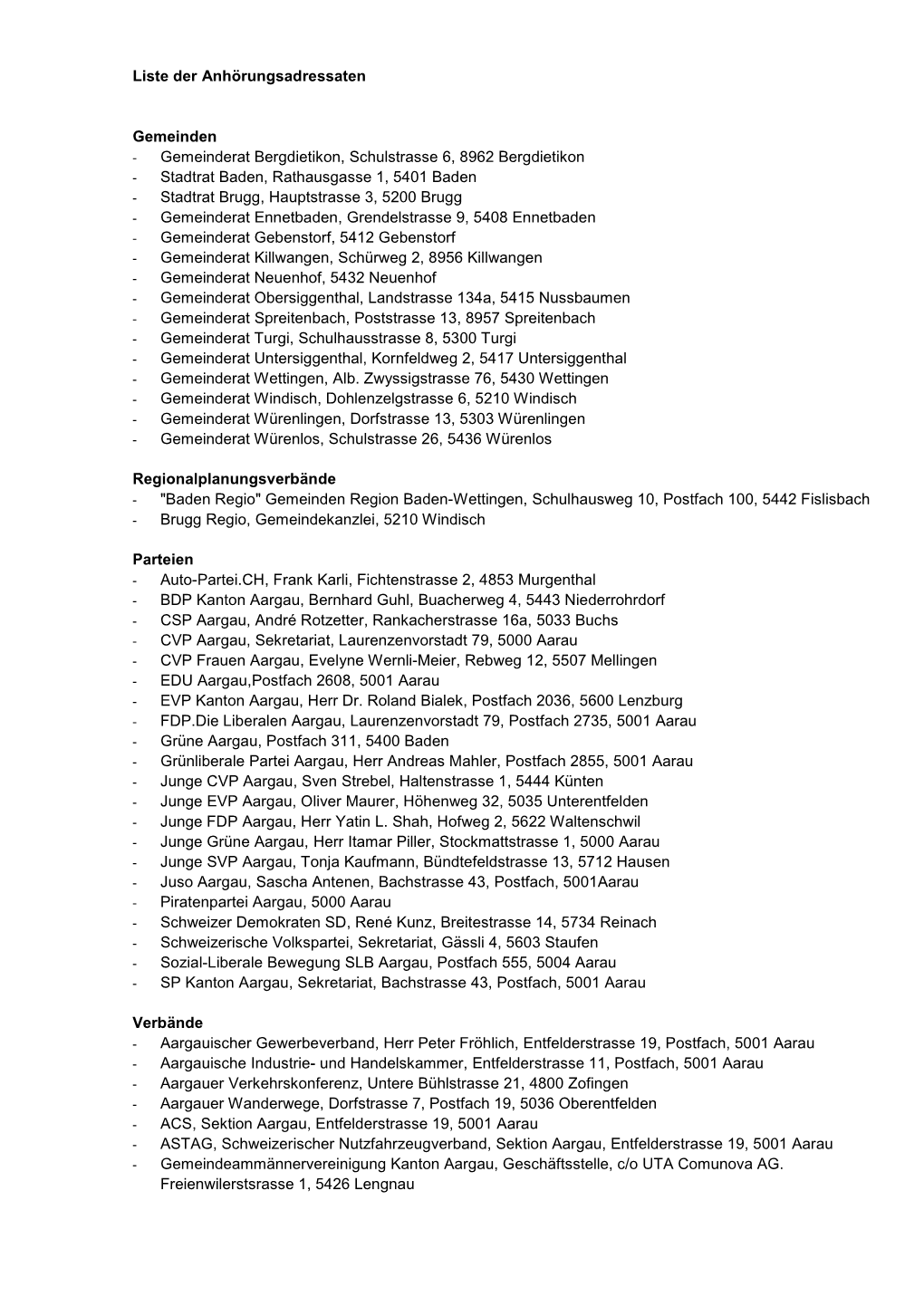 Liste Der Anhörungsadressaten Gemeinden Gemeinderat