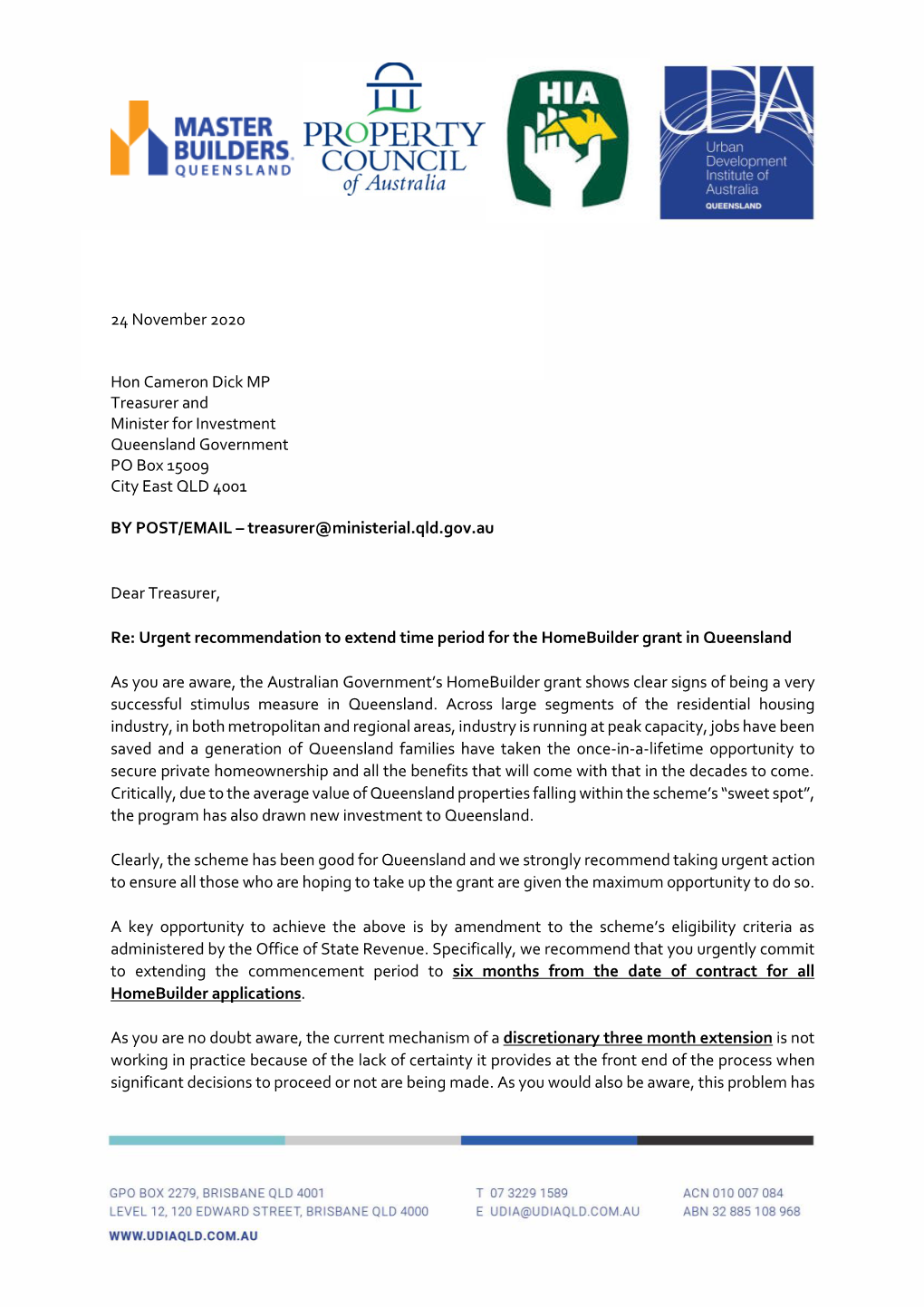 24 November 2020 Hon Cameron Dick MP Treasurer and Minister for Investment Queensland Government PO Box 15009 City East QLD