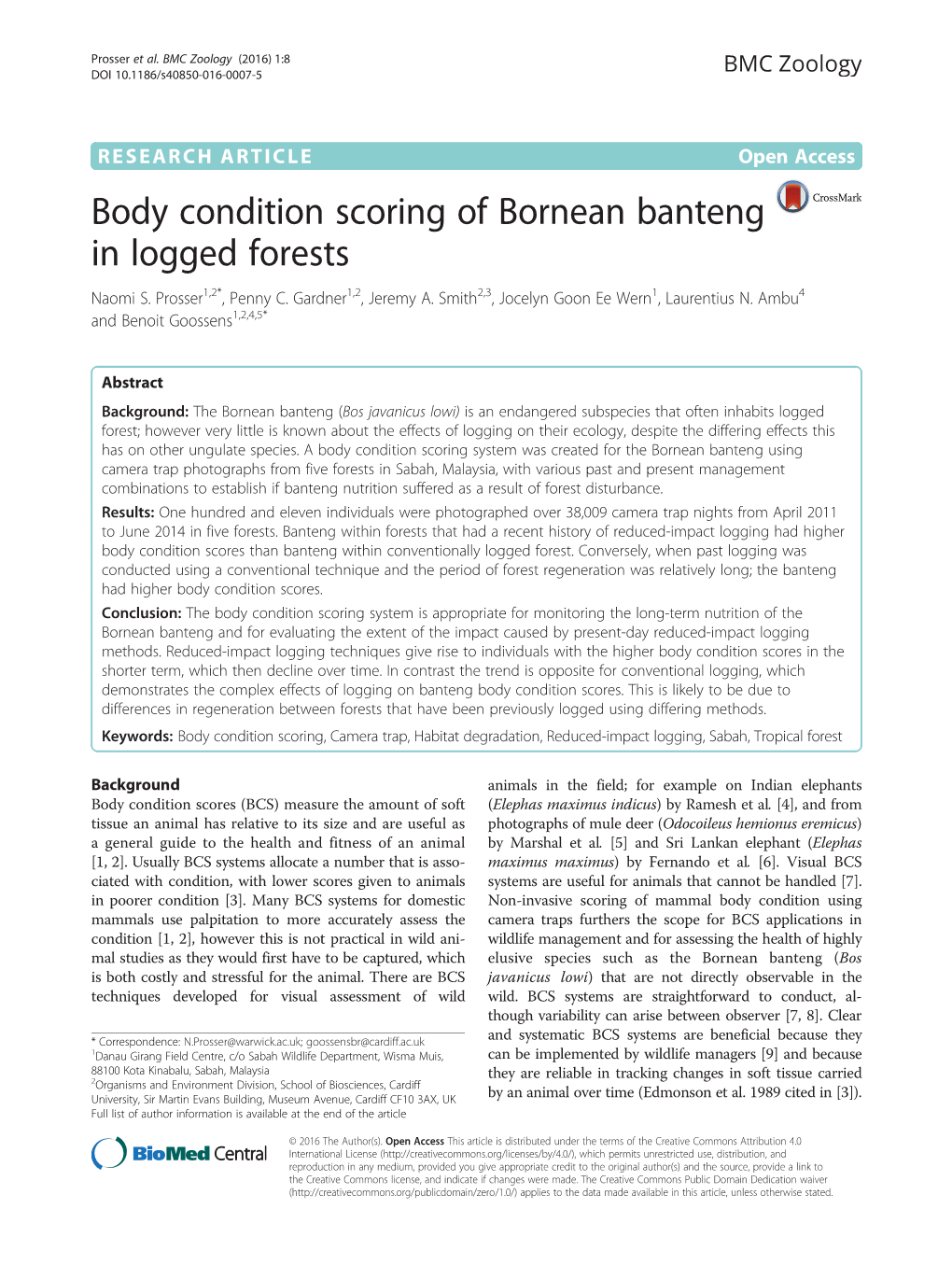 Body Condition Scoring of Bornean Banteng in Logged Forests Naomi S