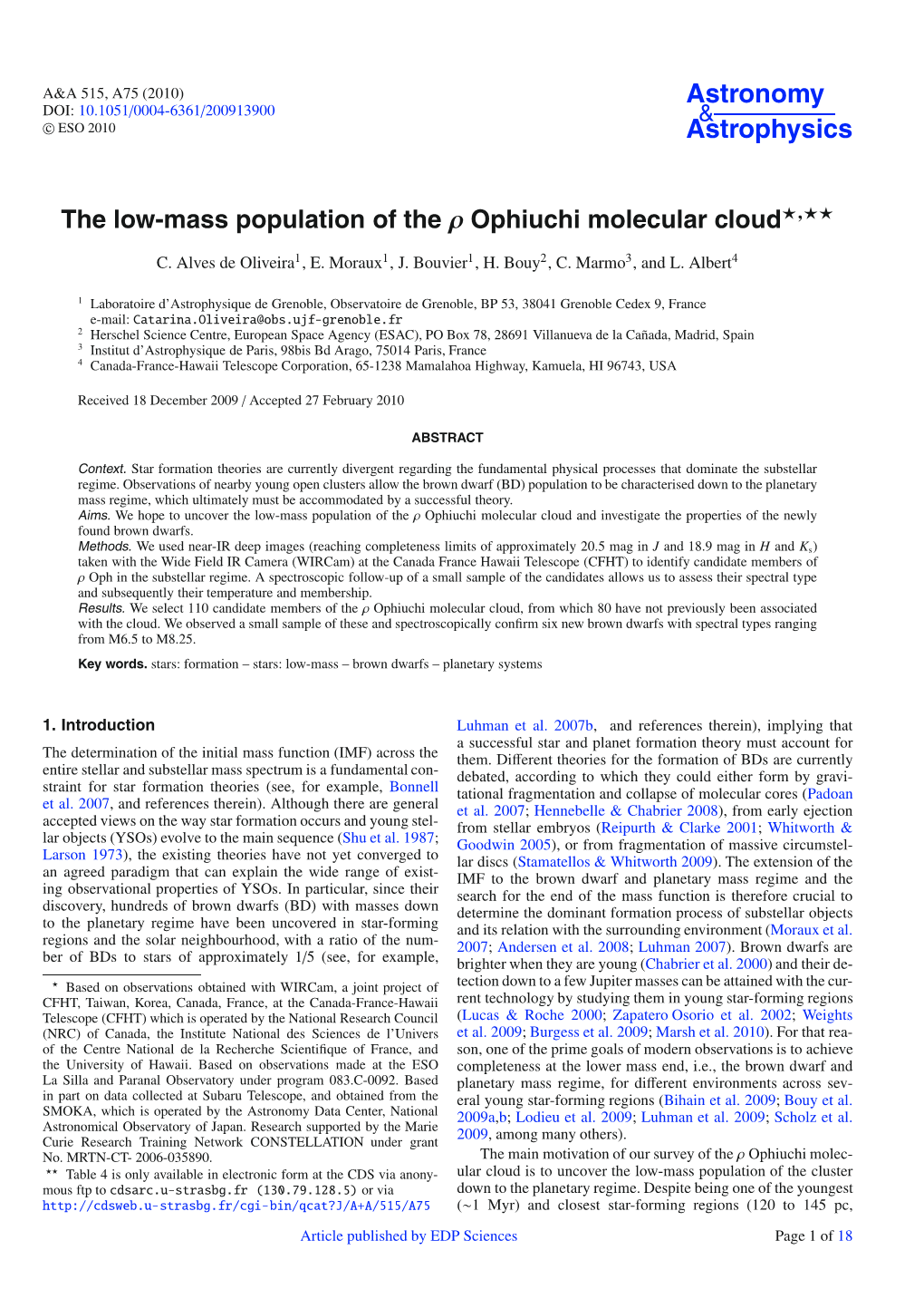 The Low-Mass Population of the Ρ Ophiuchi Molecular Cloud***