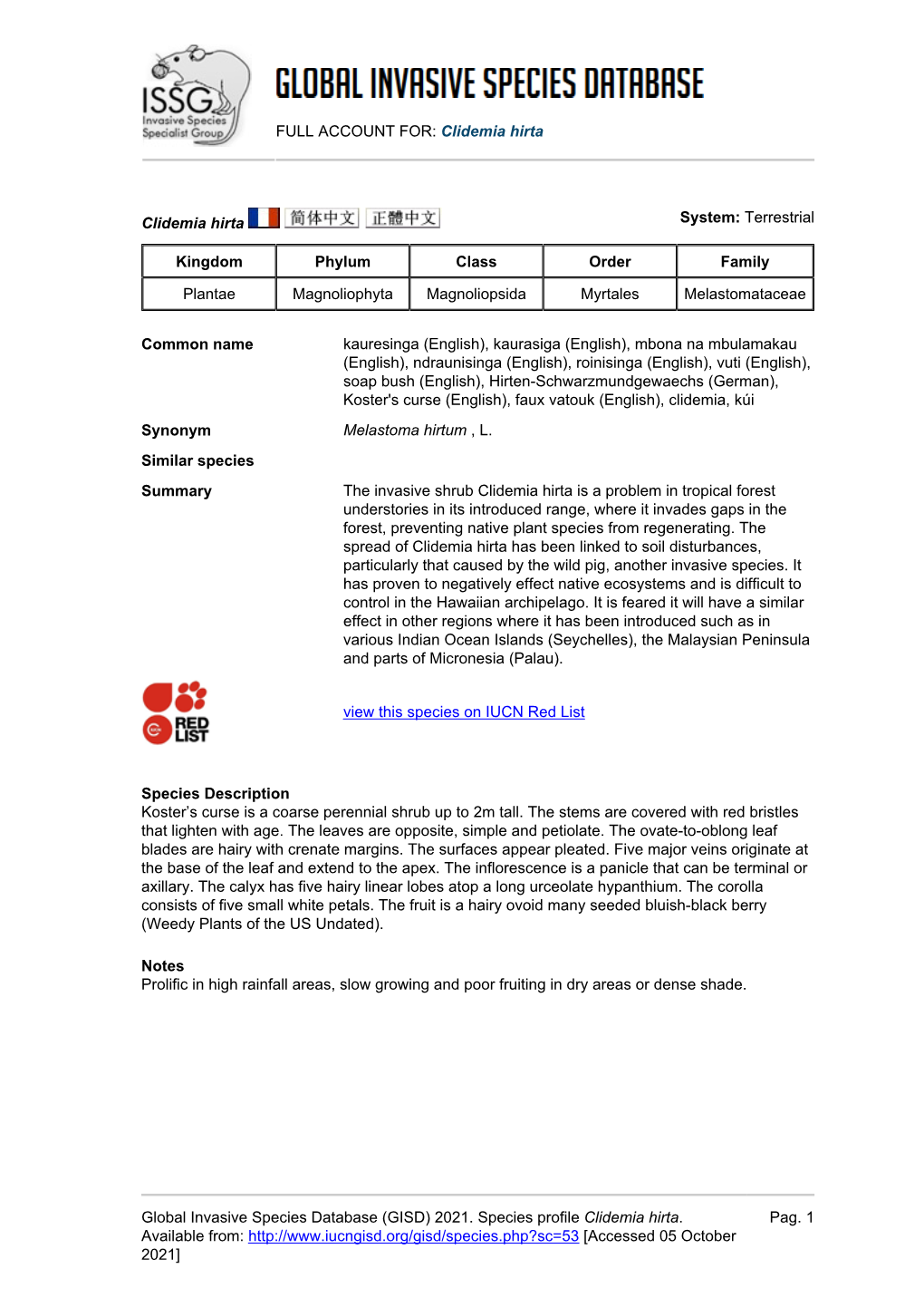 Clidemia Hirta Global Invasive Species Database (GISD)