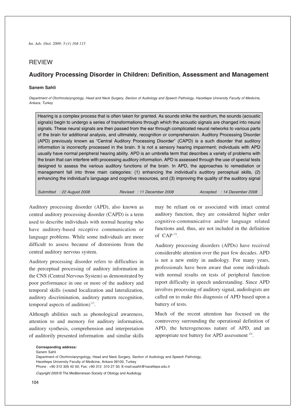 REVIEW Auditory Processing Disorder in Children