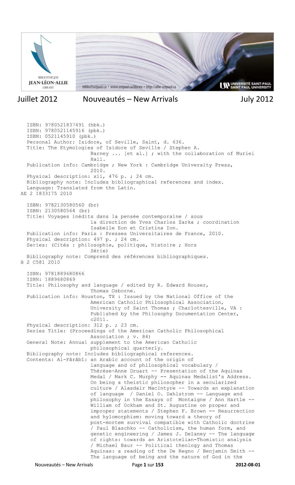 Juillet 2012 Nouveautés – New Arrivals July 2012