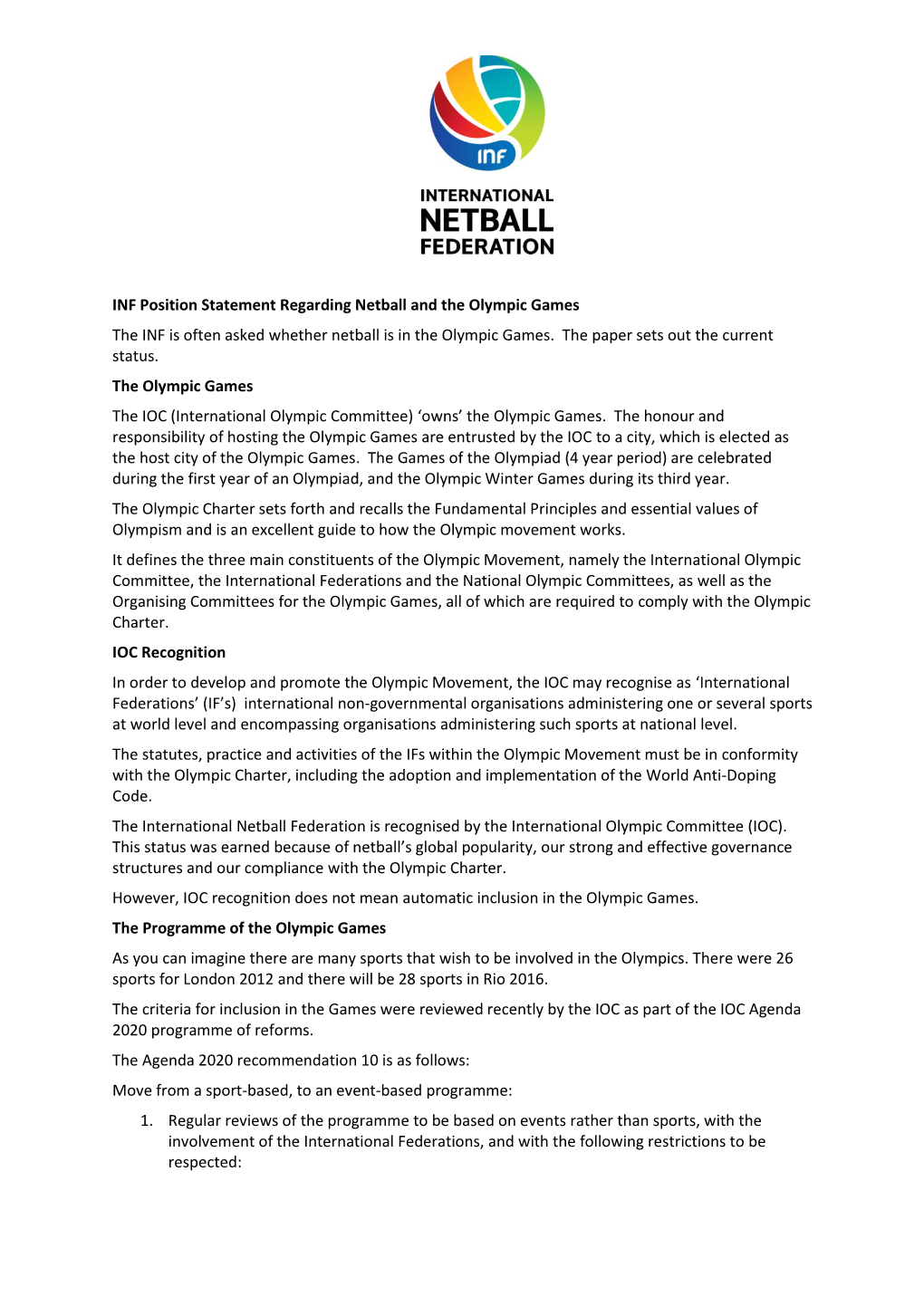 INF Position Statement Regarding Netball and the Olympic Games the INF Is Often Asked Whether Netball Is in the Olympic Games